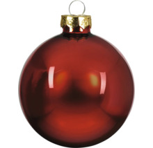 Glanzende rode glazen kerstbal met gouden kapje en ophangoog.