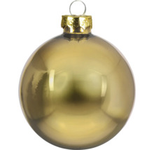 Glanzende goudkleurige kerstbal van glas met ophangsysteem.