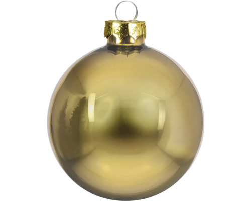 Glanzende goudkleurige kerstbal van glas met ophangsysteem.