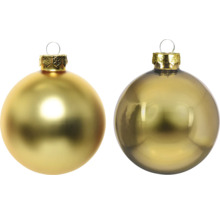 Twee goudkleurige glazen kerstballen, één mat en één glanzend, voorzien van ophangogen.