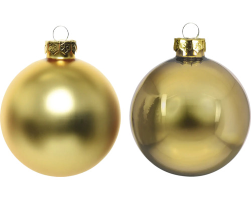 Twee goudkleurige glazen kerstballen, één mat en één glanzend, voorzien van ophangogen.