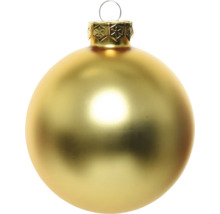 Gouden kerstbal van glas met een matte afwerking en een gedecoreerde metalen kap.