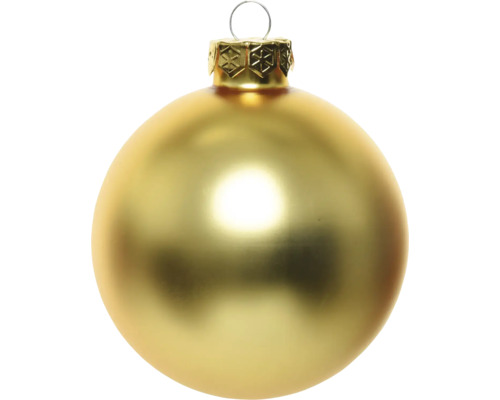Gouden kerstbal van glas met een matte afwerking en een gedecoreerde metalen kap.
