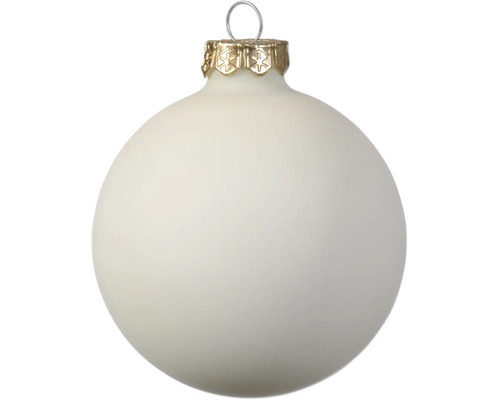 Matte witte kerstbal van glas met goudkleurig ophanghaakje.