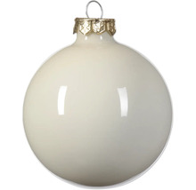Glanzende crèmegekleurde kerstbal van glas met decoratieve goudkleurige kap en ophanglus.