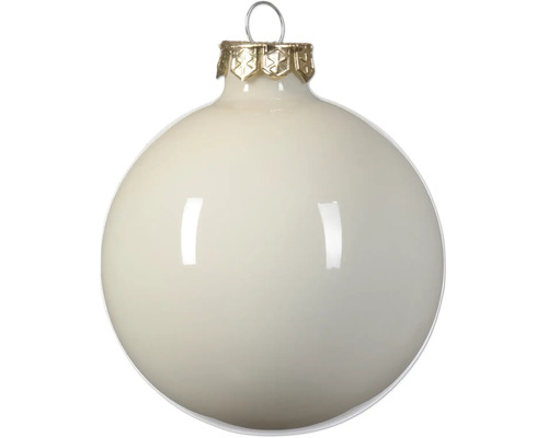 Glanzende crèmegekleurde kerstbal van glas met decoratieve goudkleurige kap en ophanglus.