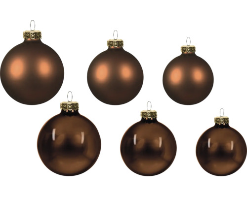 Zes kerstballen in bruin met mat en glanzend oppervlak.