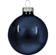 Kerstbal van glanzend glas in donkerblauw met een zilverkleurig ophangoog.