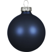 Matte donkerblauwe kerstbal van glas met zilverkleurige ophanging.