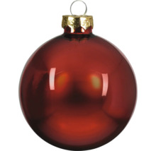 Glanzende rode glazen kerstbal met gouden kapje en ophanglus.