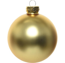 Matte goudkleurige kerstbal met decoratief kapje en ophangoog.
