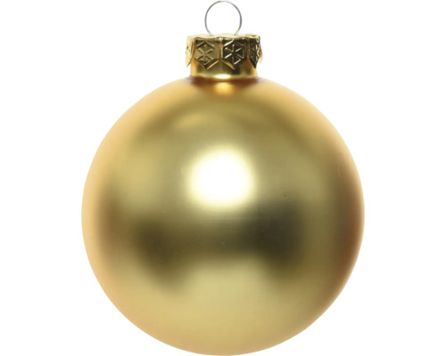 Matte goudkleurige kerstbal met decoratief kapje en ophangoog.