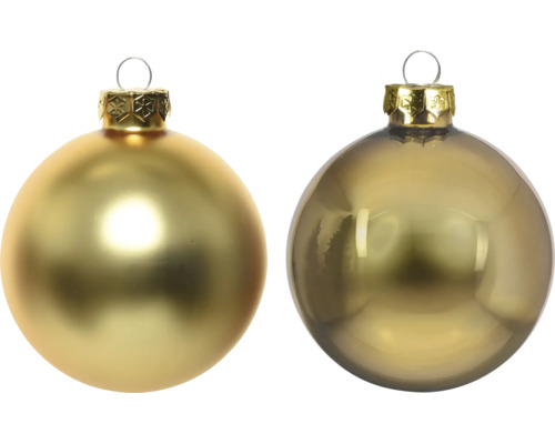 Twee goudkleurige kerstballen, één mat en één glanzend, voorzien van een ophangoog.