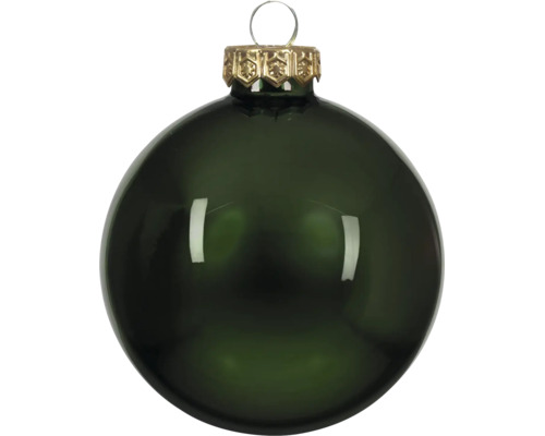 Glanzende donkergroene kerstbal met goudkleurig kapje en ophangoogje.