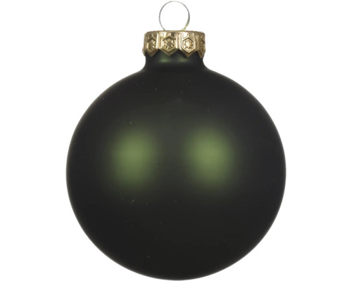 Groene, matte kerstbal met goudkleurige kap en ophangoog.