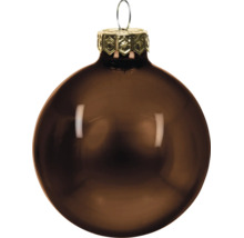 Glanzende bruine kerstbal met goudkleurige hanger.