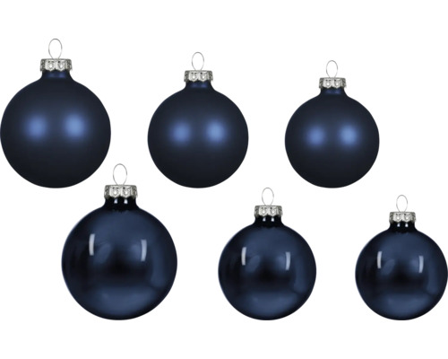 Zes donkerblauwe kerstballen in matte en glanzende uitvoering met zilveren ophangkapjes.