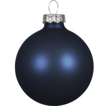Donkerblauwe matte kerstbal met zilverkleurige dop en ophangoog.
