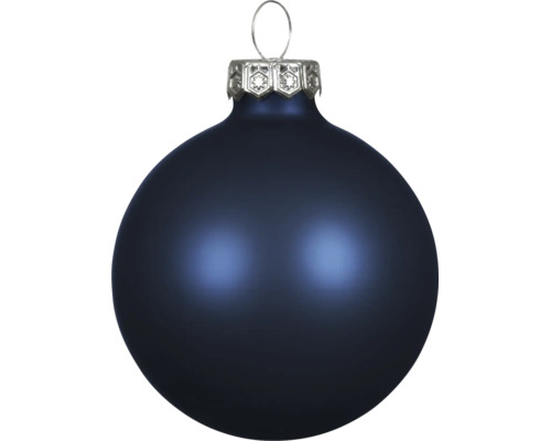 Donkerblauwe matte kerstbal met zilverkleurige dop en ophangoog.