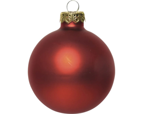 Matte rode kerstbal met goudkleurige hanger.