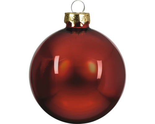 Glanzende rode glazen kerstbal met gouden kapje en ophanglus.