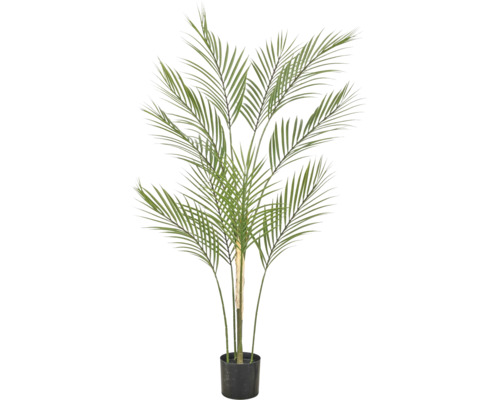 Kunstpalm met groene bladeren in een zwarte kunststof pot.