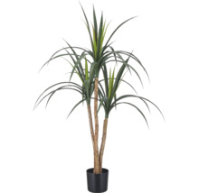 Kunstmatige Yucca plant met drie stammen en lange, puntige bladeren in een zwarte pot.
