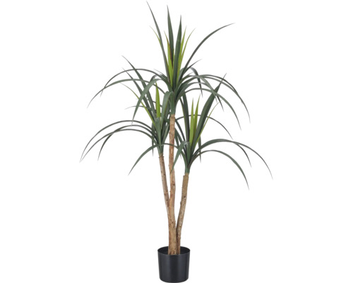 Kunstmatige Yucca plant met drie stammen en lange, puntige bladeren in een zwarte pot.