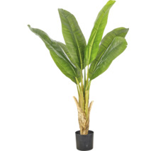 Kunstmatige bananenplant met grote bladeren in een zwarte kunststof pot voor binnendecoratie.