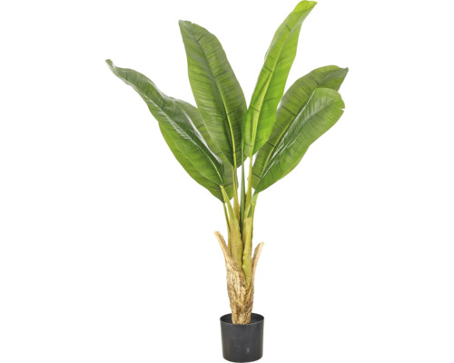 Kunstmatige bananenplant met grote bladeren in een zwarte kunststof pot voor binnendecoratie.