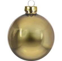 Glanzende kerstbal met goudkleurige kap en ophanging.