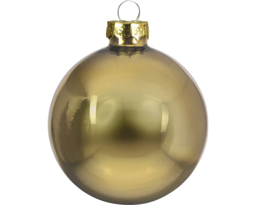 Glanzende kerstbal met goudkleurige kap en ophanging.