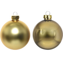 Twee goudkleurige kerstballen, één mat en één glanzend, voorzien van een ophangoog.