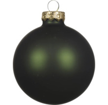 Matte donkergroene kerstbal van glas met goudkleurige dop en oogje.