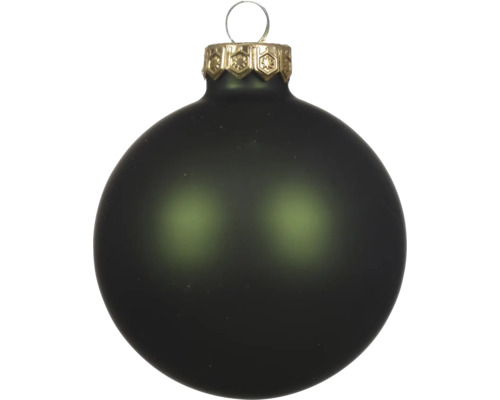 Matte donkergroene kerstbal van glas met goudkleurige dop en oogje.
