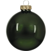 Glanzende donkergroene kerstbal met goudkleurig kapje en ophangoogje.
