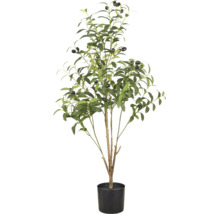 Kunstmatige olijfboom met groene bladeren en zwarte olijven in een zwarte kunststof pot.