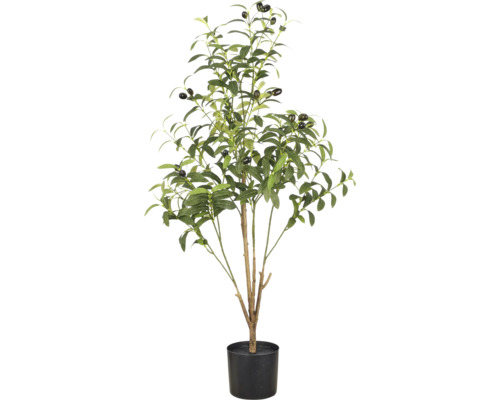 Kunstmatige olijfboom met groene bladeren en zwarte olijven in een zwarte kunststof pot.