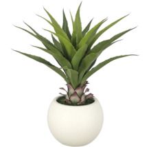 Kunstagave in een ronde witte pot, decoratieve kunstplant met puntige bladeren.