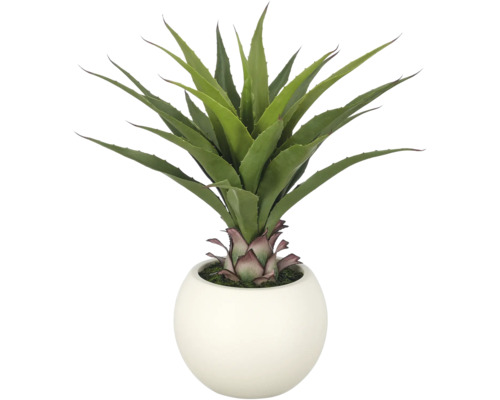 Kunstagave in een ronde witte pot, decoratieve kunstplant met puntige bladeren.