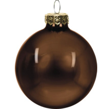 Glanzende bruine glazen kerstbal met een gouden kapje en ophangoog.