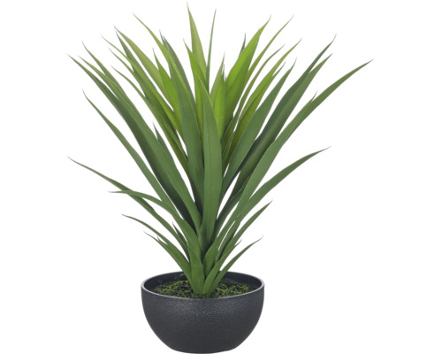 Kunstplant Yucca in een ronde, donkergrijze decoratieve pot met een gestructureerd oppervlak.