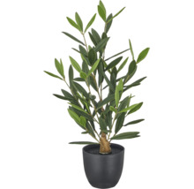 Kunstmatige olijfboom in zwarte pot met groene bladeren en kleine olijfvruchten.
