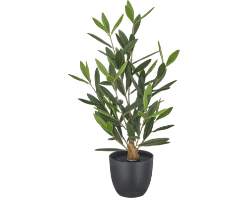 Kunstmatige olijfboom in zwarte pot met groene bladeren en kleine olijfvruchten.