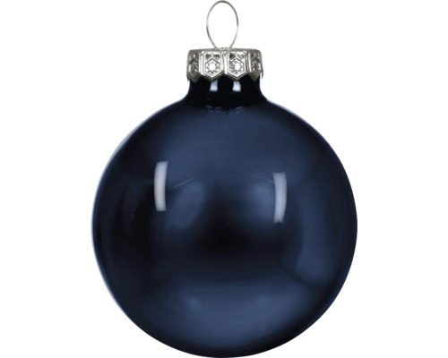 Glanzende donkerblauwe glazen kerstbal met zilveren ophangoog.