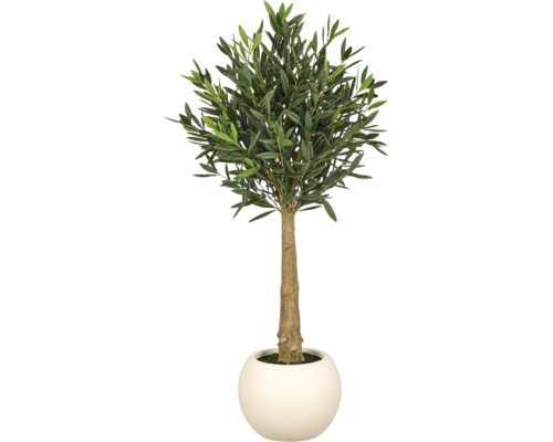 Kunstmatige olijfboom in een ronde witte pot met natuurgetrouwe stam en dichte bladeren.