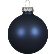 Matte donkerblauwe kerstbal met zilverkleurige kap en ophangoog.