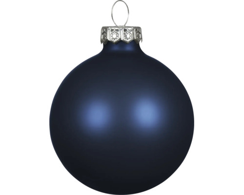 Matte donkerblauwe kerstbal met zilverkleurige kap en ophangoog.