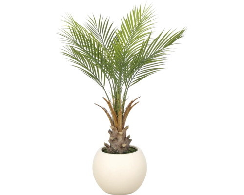 Kunstpalm met getextureerde stam in een ronde witte pot.