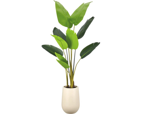 Kunstplant Strelitzia in crèmekleurige pot met grote groene bladeren.